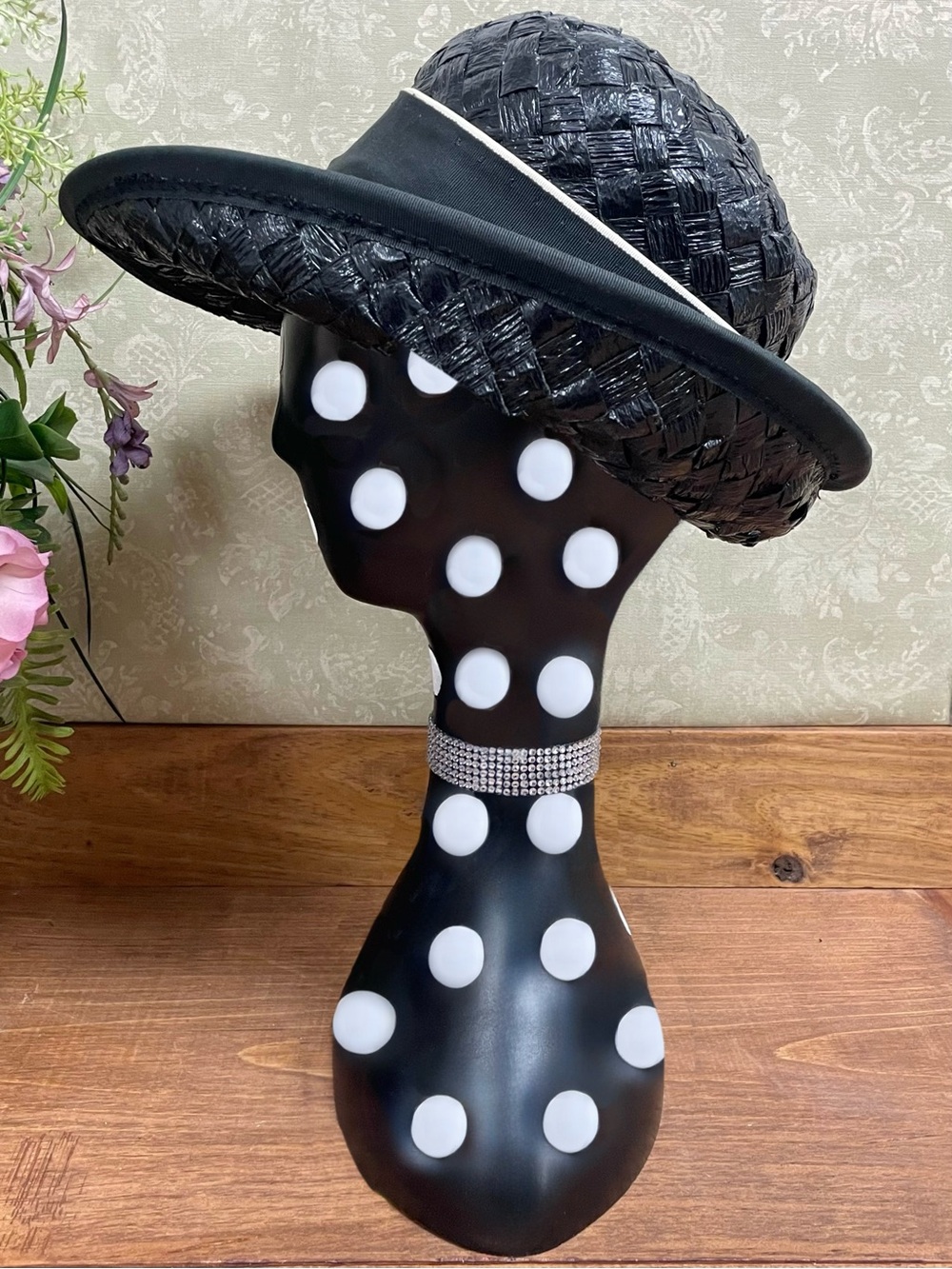 Vintage 1960s Black Cello Straw Basket Weave Rolled Brim Hat Mod Mid Century - Picture 6 of 9
